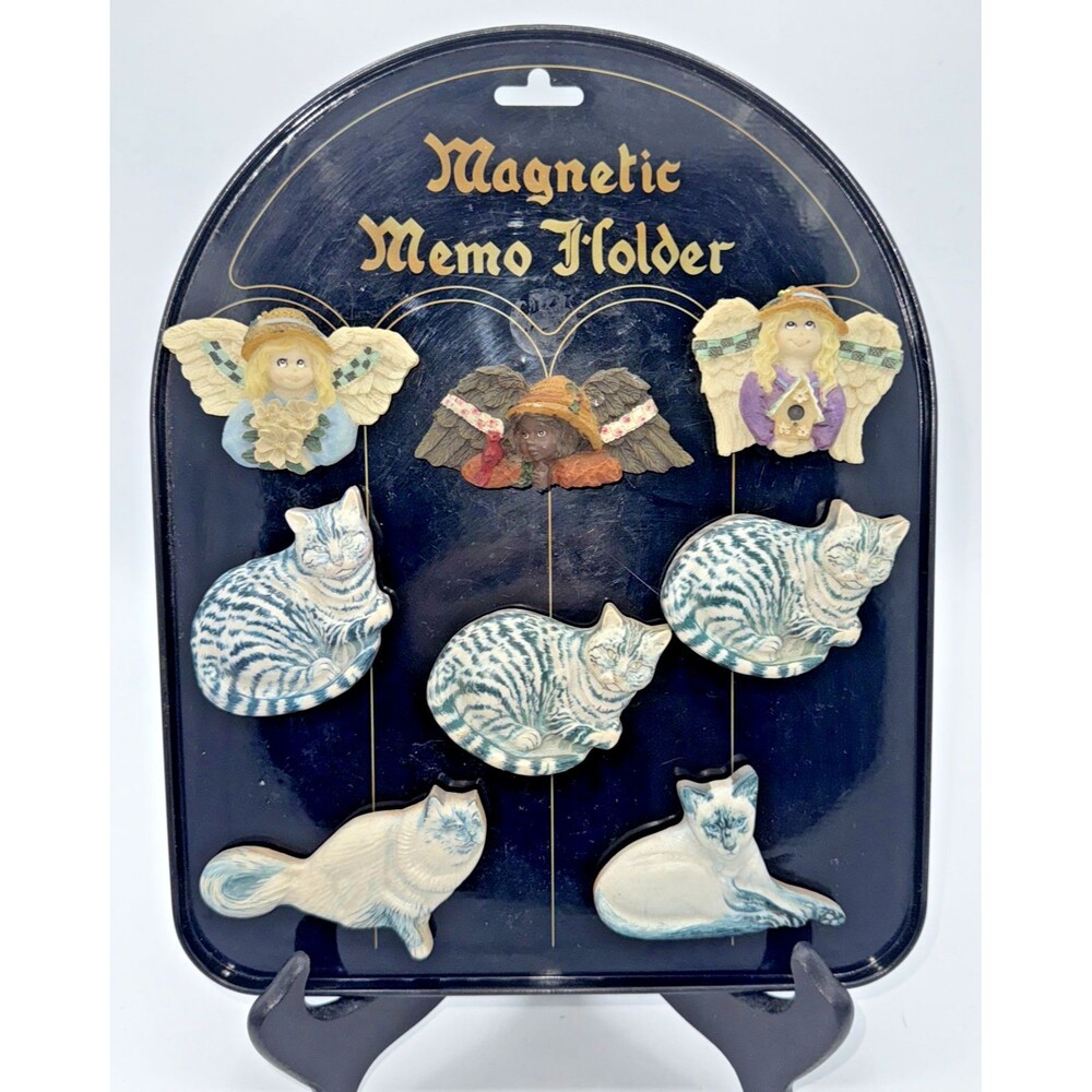 Vintage Magnetic Memo Holder/Board With Cat & Angel Magnets 11”x 9” Black/Gold